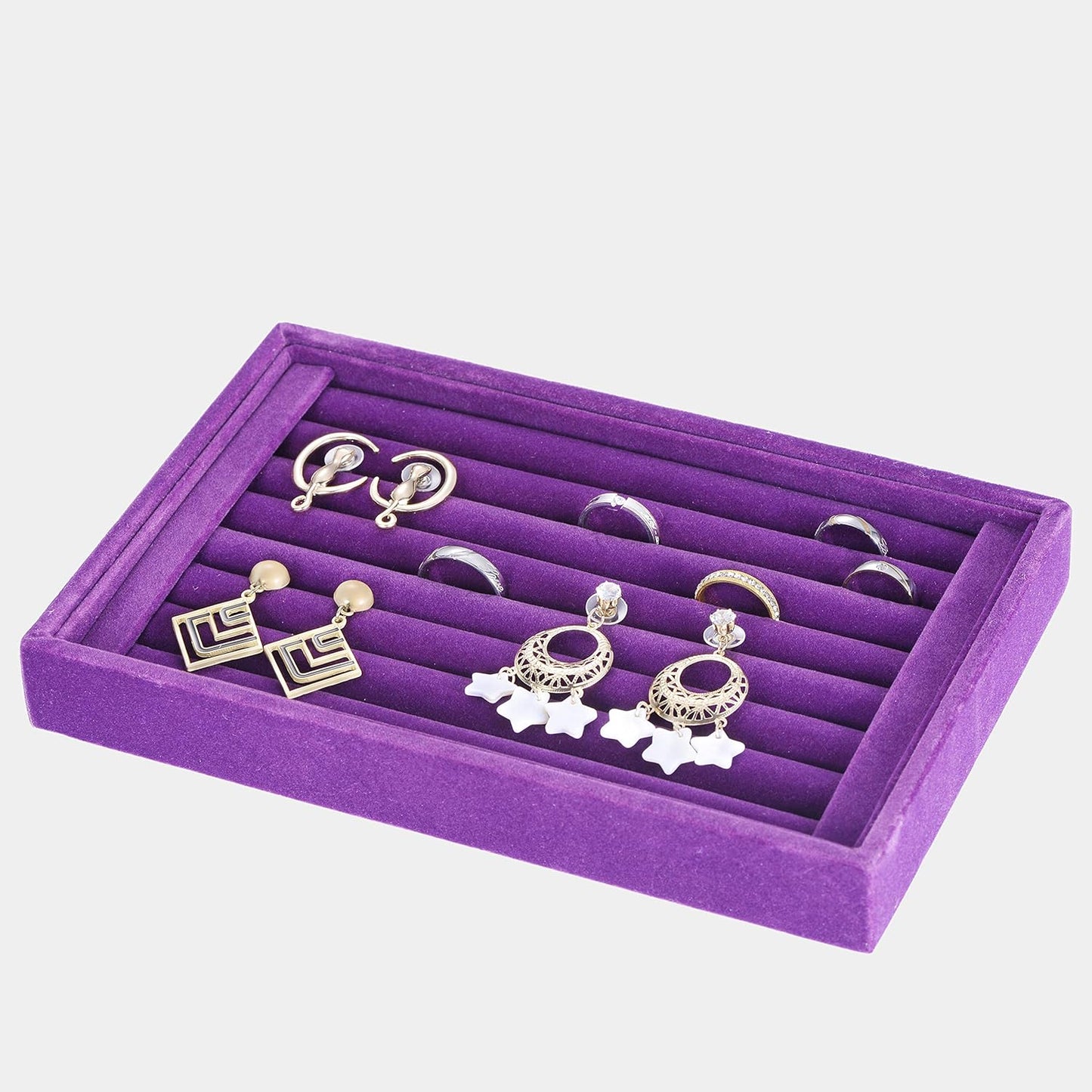 Valyria Velvet 7 Slots Ring Earrings Trays Showcase Display Jewelry Organizer (Purple)