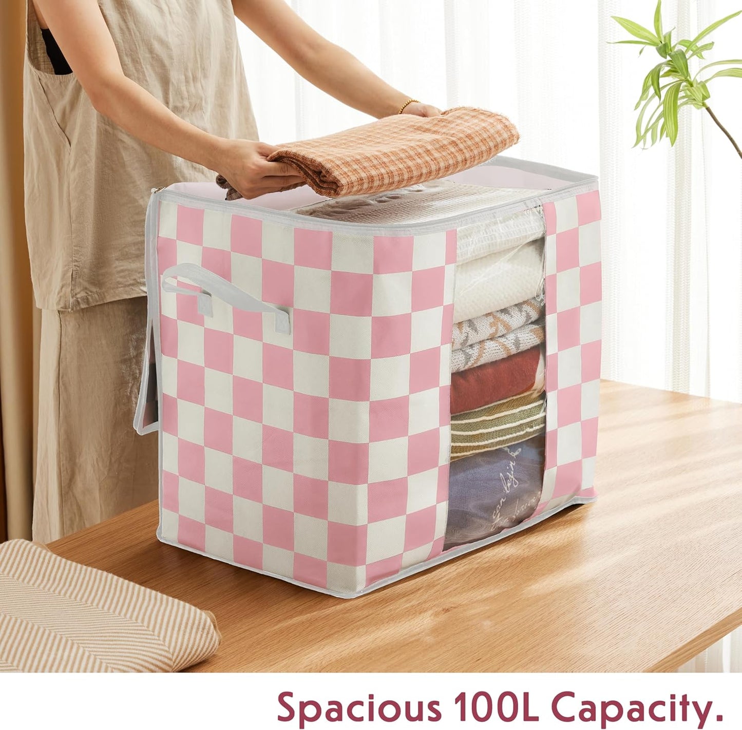 Pink Checkered Clothes Storage Bins, 100L Large Blanket Storage Bags 3 Pack, Closet Organizers and Storage Containers for Comforters, Bedding, Foldable Organizer with Handle