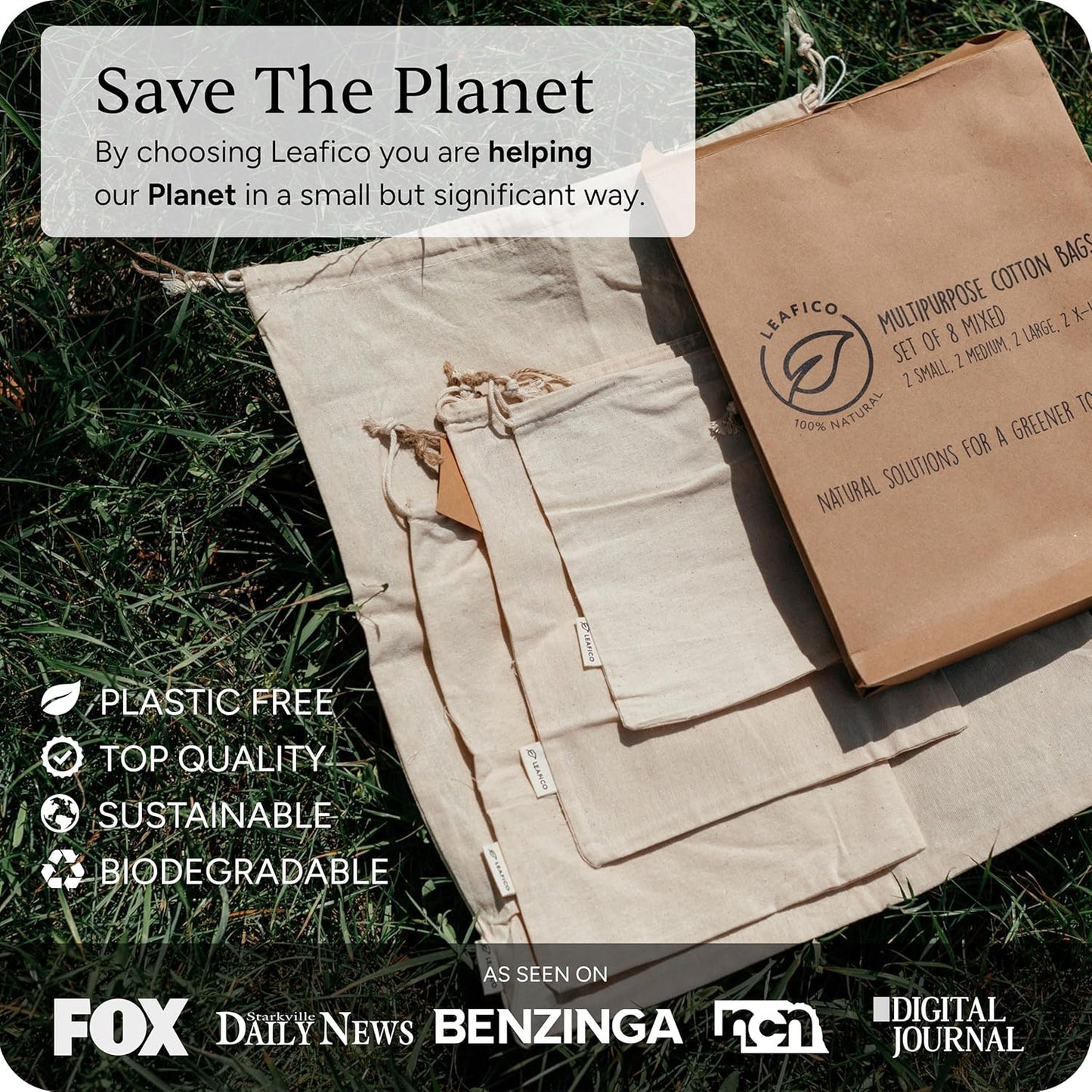 LEAFICO Organic Cotton Produce Bags - Medium 8x10 Inch (12 Bags) - Reusable Muslin Storage Bags with Drawstrings - Biodegradable Canvas Fabric - Perfect for Snacks, Clothes