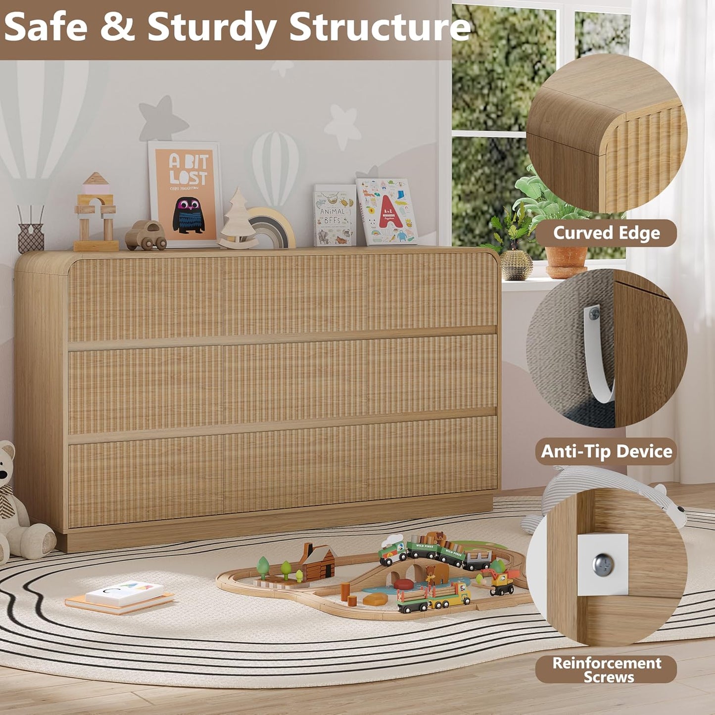 Dresser for Bedroom with 9 Drawers, Fluted Chest of Drawers with Round Curved Corner, Hidden Handles, Modern Wood Storage Organizer for Bedroom, Nursery, Living Room