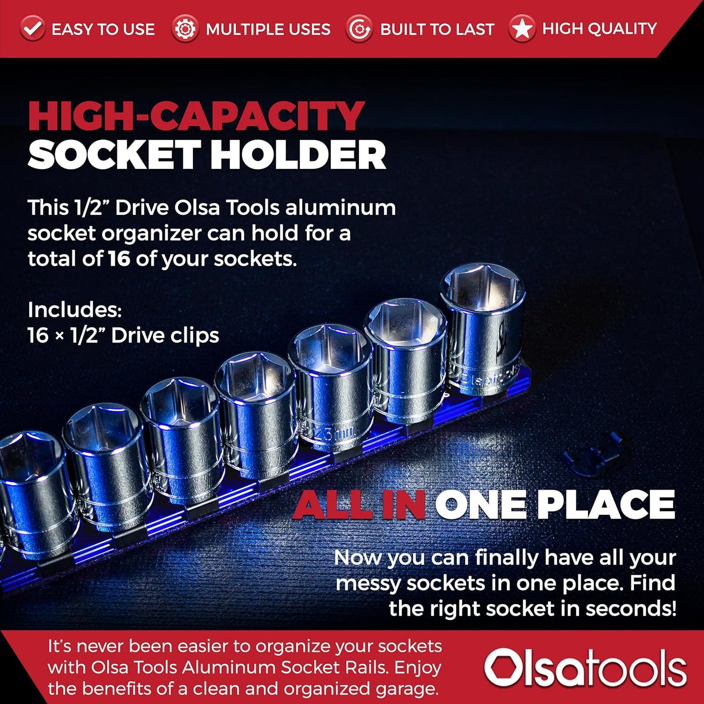 Olsa Tools 1/2-Inch Drive Aluminum Socket Organizer with Locking End Caps | Professional Quality Socket Holder (BLUE)
