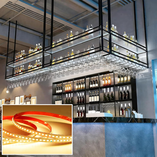 47.2IN Acrylic Ceiling Wine Glass Rack with Transparent Shelves, Hanging Wine Rack with Glass Holder and LED lights, 2 Layer Ceiling Bottle Holder Shelf for Bar Kitchen Decorate (47.2in/120cm)