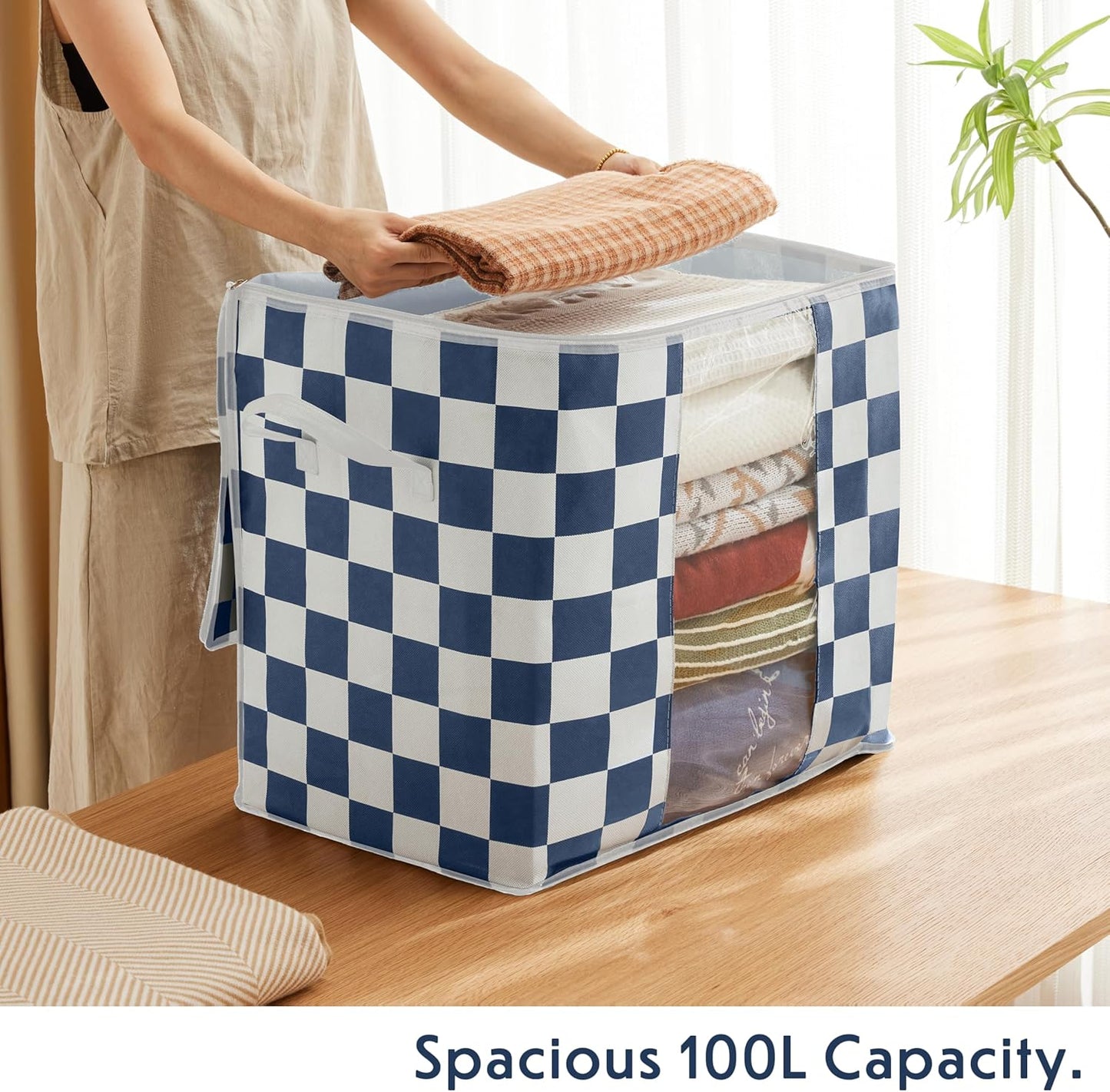 Navy Blue Checkered Clothes Storage Bins, 100L Large Blanket Storage Bags 3 Pack, Closet Organizers and Storage Containers for Comforters, Bedding, Foldable Organizer with Handle