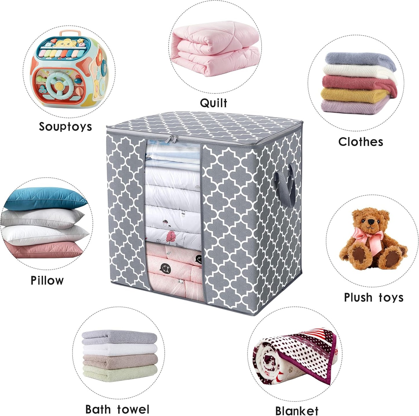 WISELIFE Storage Bags 4 Pack/100L Large Blanket Clothes Organization and Storage Containers for Comforters,Bedding, Foldable Organizer with Reinforced Handle, Clear Window, Sturdy Zippers,Light Gray