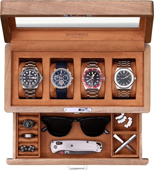 ROTHWELL 4-Slot Solid Walnut Watch Box with Valet Drawer - Premium Jewelry Display Case Organizer with Locking Glass Top and Microsuede Liner for Men & Women (Tan Interior)