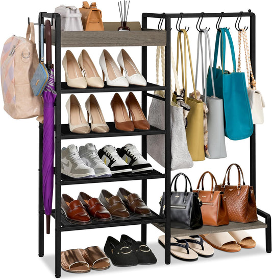 2-in-1 Shoe and Bag Organizer, 5 Tier Shoe Rack with Wooden Tray & 7 Hooks, Industrial Metal Shoe Shelf with Removable Shelves for Boot Storage, Perfect for Entryway, Closet, Garage, Black