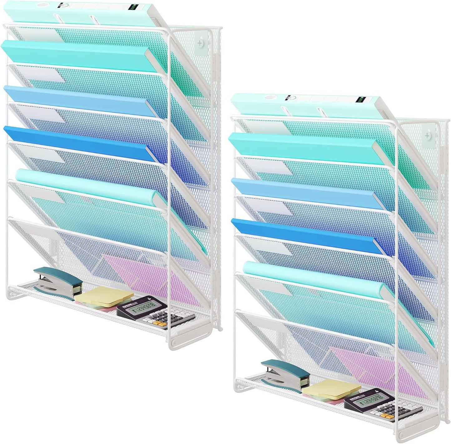 Kuntine.B Wall File Organizer Hanging Magazine Holder (White, 7 Tier 2 Pack)
