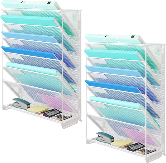 Kuntine.B Wall File Organizer Hanging Magazine Holder (White, 7 Tier 2 Pack)
