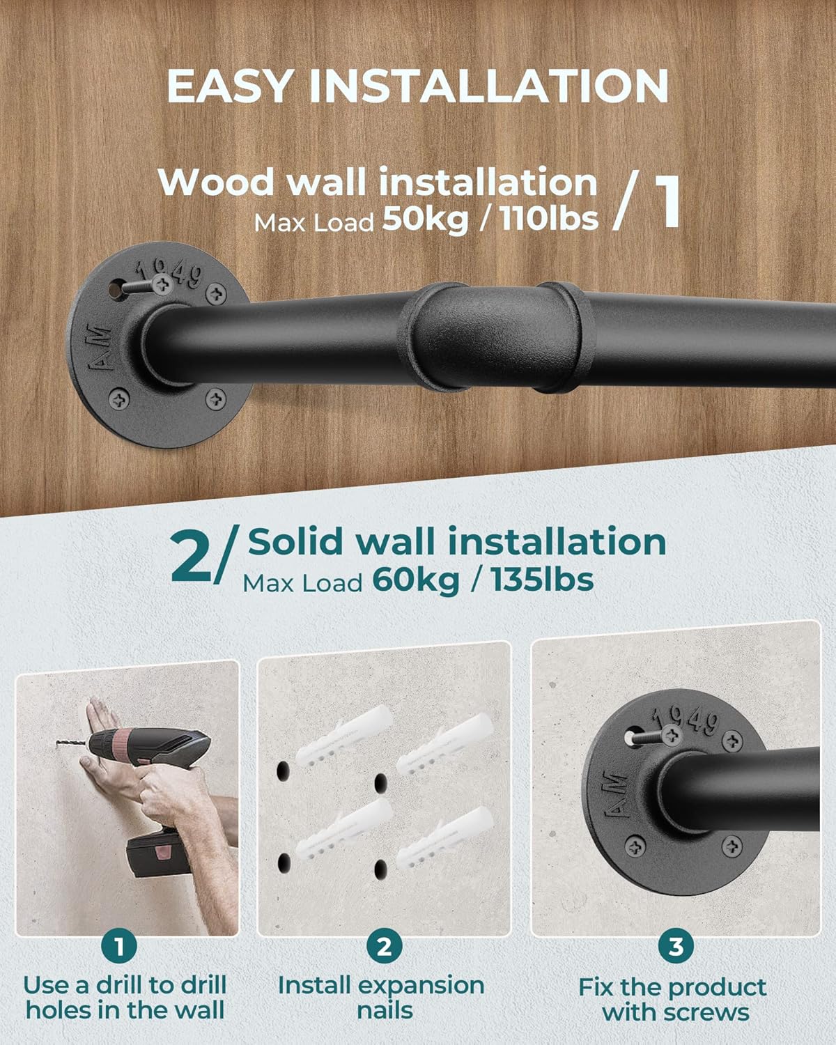 OROPY Industrial Pipe Clothes Rack Wall Mounted Set of 2, 38.4 inches Heavy Duty Iron Pipe Clothing Garment Rail, Multi-Purpose Clothing Hanging Rod for Laundry Room and Closet Storage