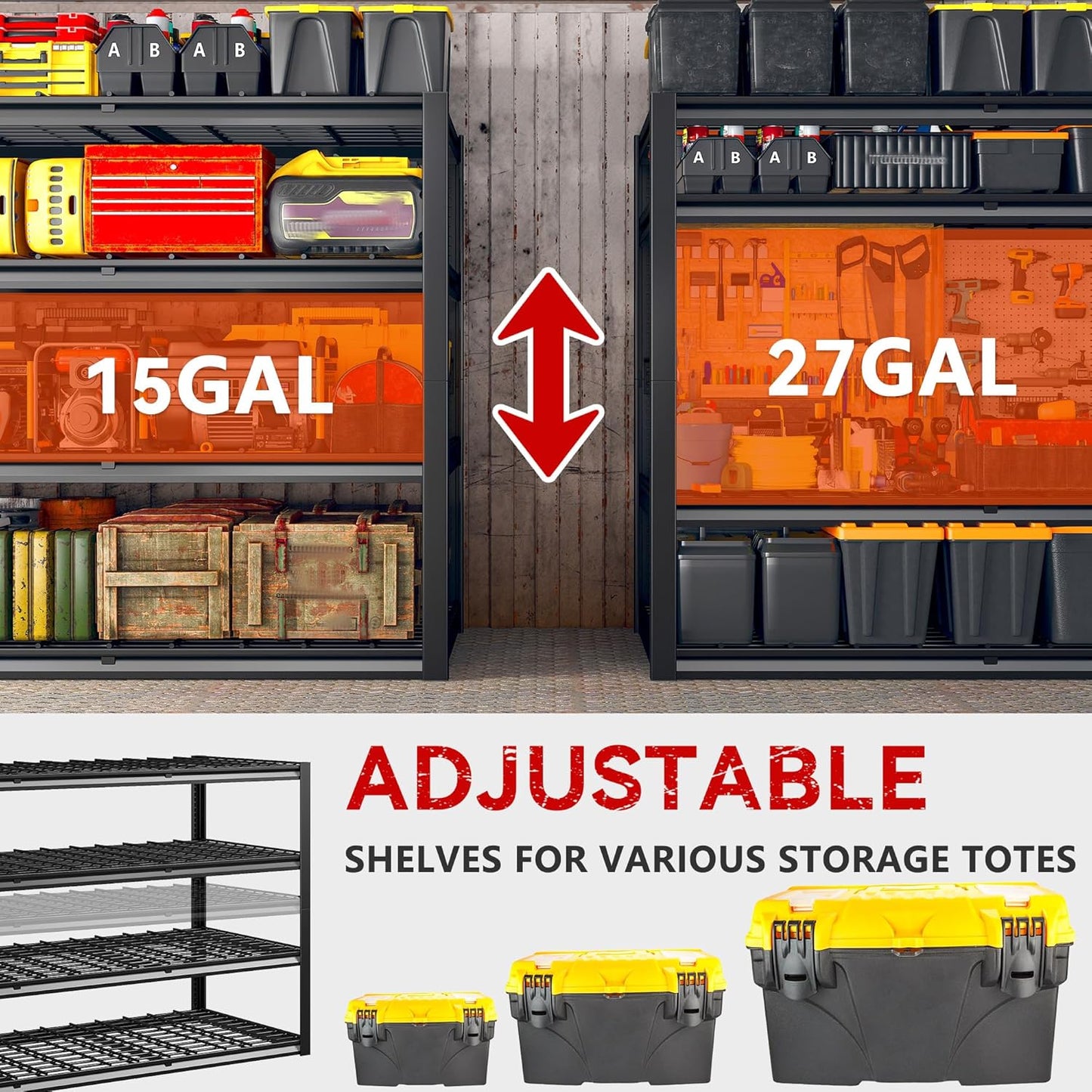 REIBII 60" W Garage Shelving, 4 Tier Storage Shelves Heavy Duty, 2500LBS Industrial Shelf, Adjustable Metal Shelving for Garage, Warehouse, School, Commercial, Business, 60" W x 60" H x 24" D