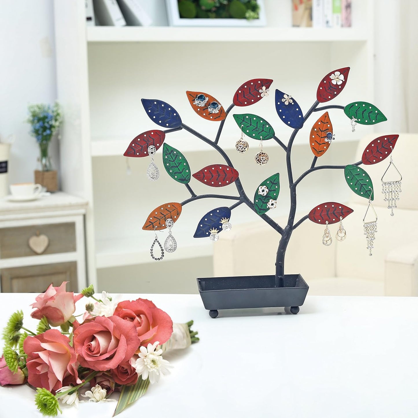 MyGift Jewelry Tree w/Bird Nest 48 pair Earrings Holder, Bracelets/Necklace Organizer Stand (Multicolored Metal)