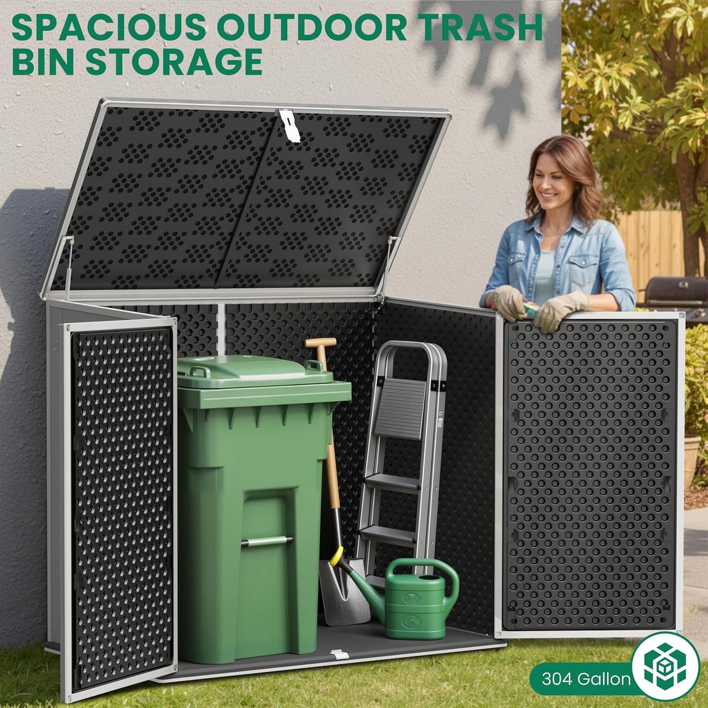 Horizontal Outdoor Storage Shed, 304 Gallon Resin Storage Shed with Lockable Doors & Lift Lid, Waterproof Backyard Shed for Trash Cans, Tools & Patio Equipment (Upgraded Version)