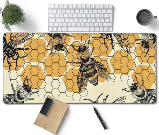 Bee and Honeycomb Large Mouse Pad, Vintage Aesthetic Gaming Desk Mat, XXL Keyboard Desk Pad Mat for Desktop, 35.4"x15.7" Non-Slip Base Big Mousepad with Stitched Edges