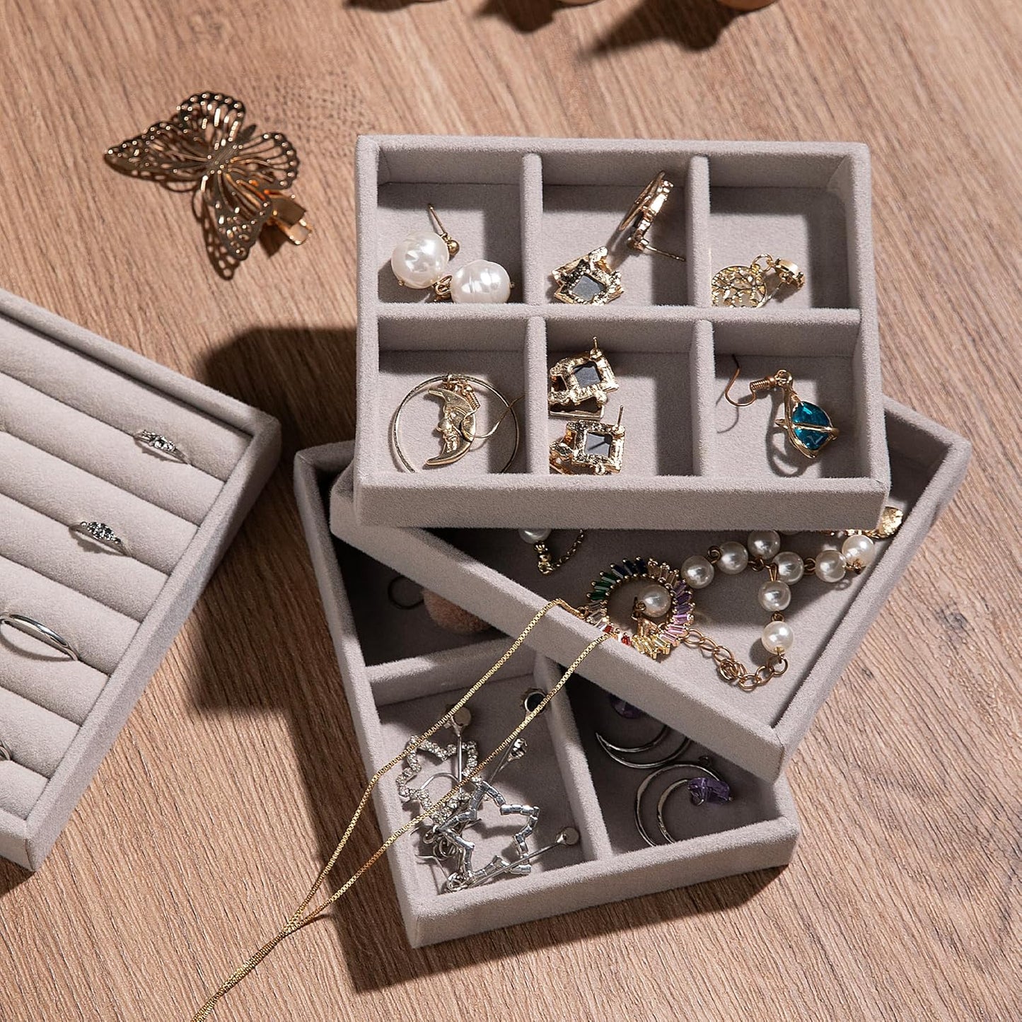 Frebeauty Small Jewelry Tray Set,Stackable Velvet Jewelry Organizer Tray,Mini Jewelry Drawer Organizer,Drawer Inserts,4.92 x 3.74 x 0.9 Inches,Earring Organizer for Women(Set 9,White)