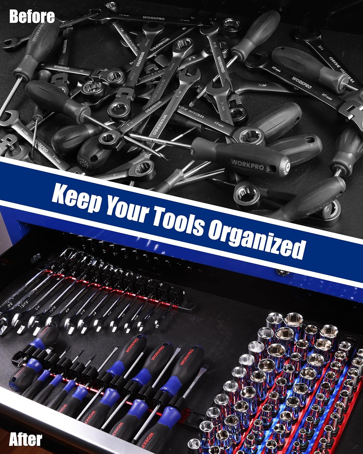 WORKPRO 8-Piece Magnetic Socket Organizer and Magnetic Screwdriver Organizer Set, 6-Piece 1/4", 3/8" & 1/2" Drive Metric & SAE Socket Rail, 2-Piece Screwdriver and Wrench Holder(Sockets not Included)