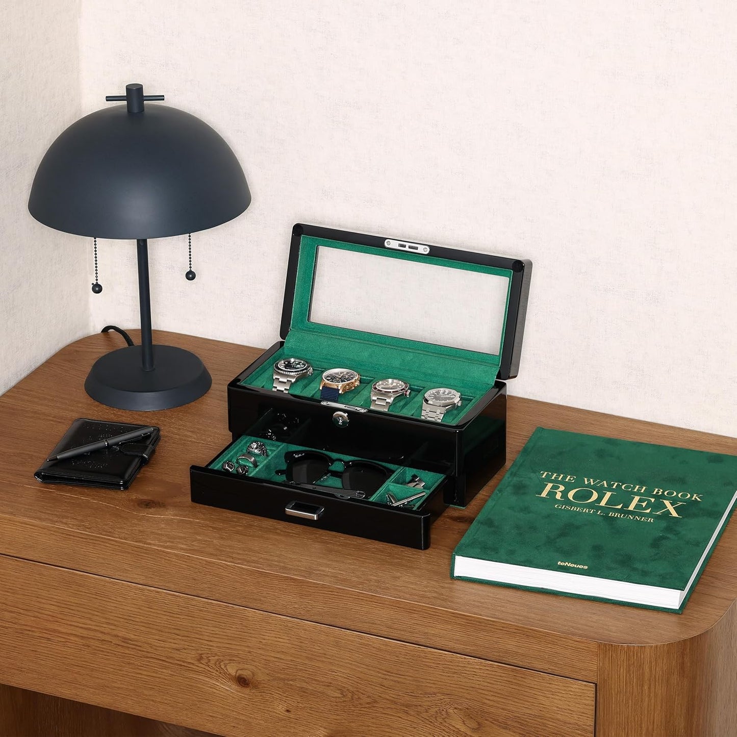 ROTHWELL 4-Slot Piano Black Watch Box with Valet Drawer - Premium Jewelry Display Case Organizer with Locking Glass Top and Microsuede Liner for Men & Women (Green Interior)