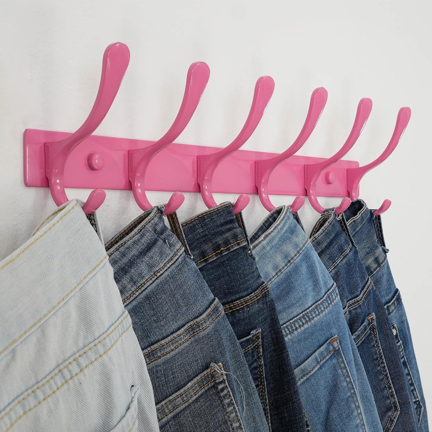 SKOLOO Coat Rack Wall Mounted - 6 Hooks, Heavy Duty, Stainless Steel, Metal Wall Hangers, Sturdy Coat Hooks for Hanging Coats, Jacket, Clothes, Hat, Pink