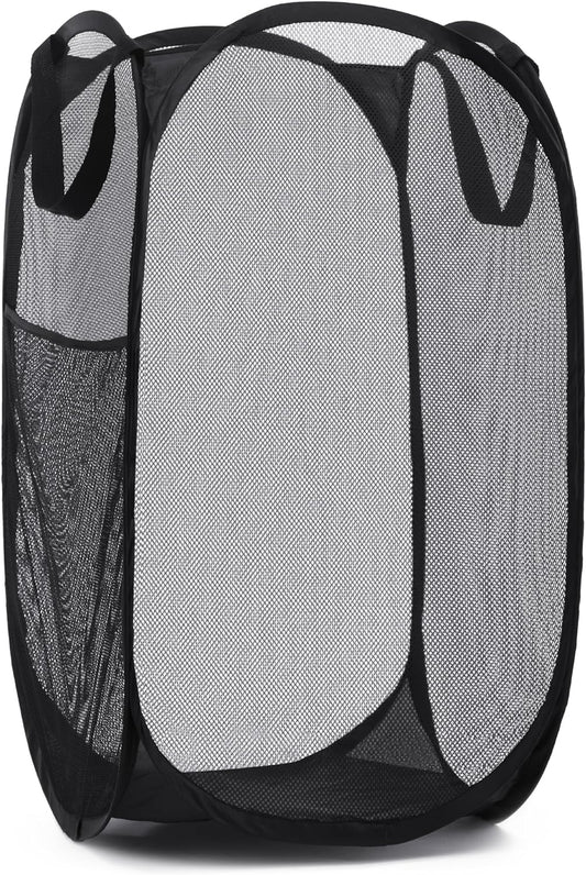 Handy Laundry Collapsible Mesh Pop Up Hamper with Wide Opening and Side Pocket - Breathable, Sturdy, Foldable, and Space-Saving Design for Clothes and Storage (Black)