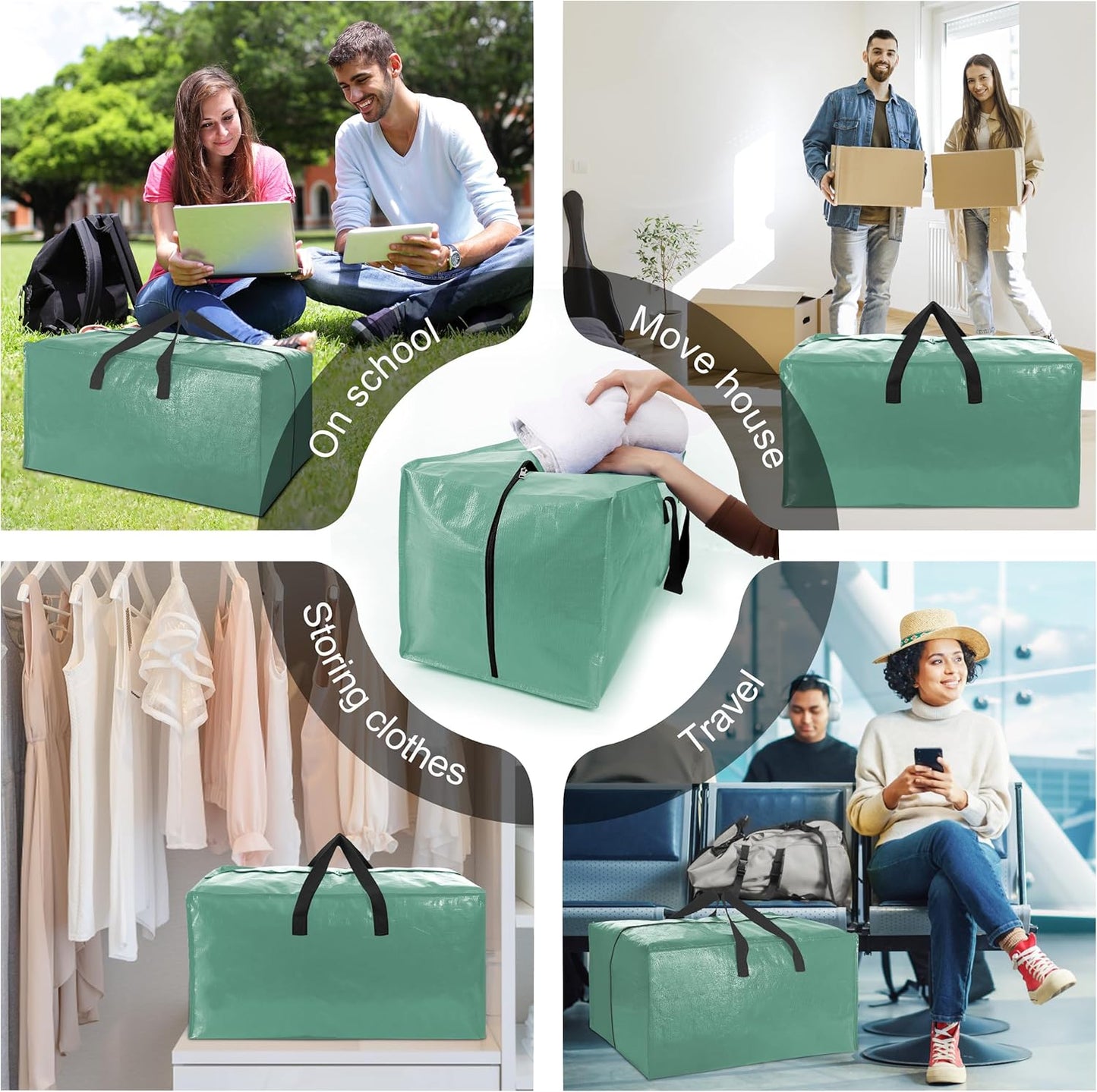 6 Pack Heavy Duty Large Moving Bags W/Backpack Straps - Strong Handles & Zippers, Storage Totes For Space Saving, Fold Flat, Alternative to Moving Box and Storage Bin, Teal