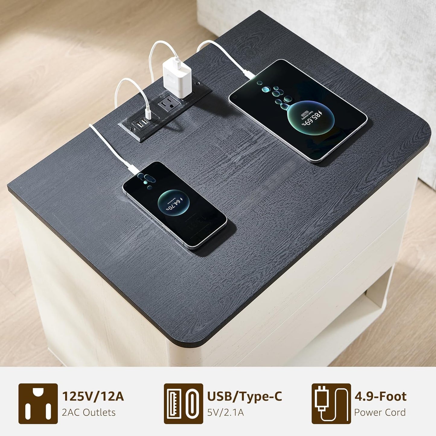 ACCOHOHO Nightstand Set of 2 with Charging Station, 22" Large Modern Bedside Table with 2 Drawers Storage,Push-to-Open End Table for Bedroom,Living Room,Off White