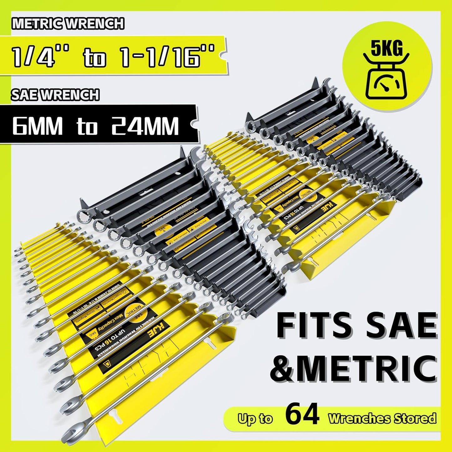KJE 4Pack Magnetic Wrench Organizer, 64-Slot Wrench Rack Tool Trays, Magnetic Wrench Set Holder SAE(1/4" - 1-1/16") and Metric(6MM-24MM)