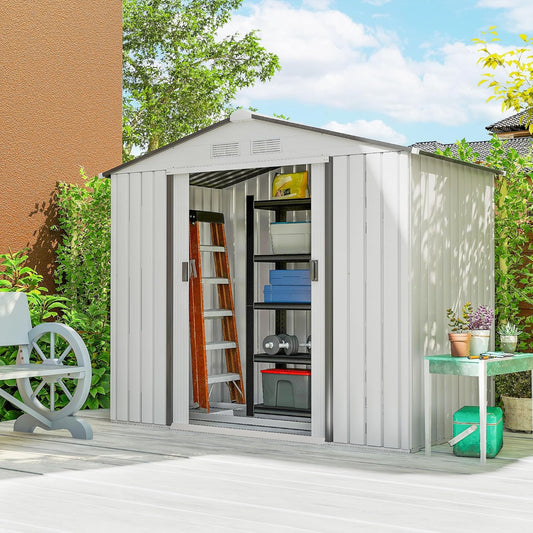 Outsunny 7' x 4' Outdoor Storage Shed, Garden Tool Metal Shed with Foundation Kit, Double Lockable Door, Air Vents and Sloping Roof, for Backyard, Patio, Lawn, White