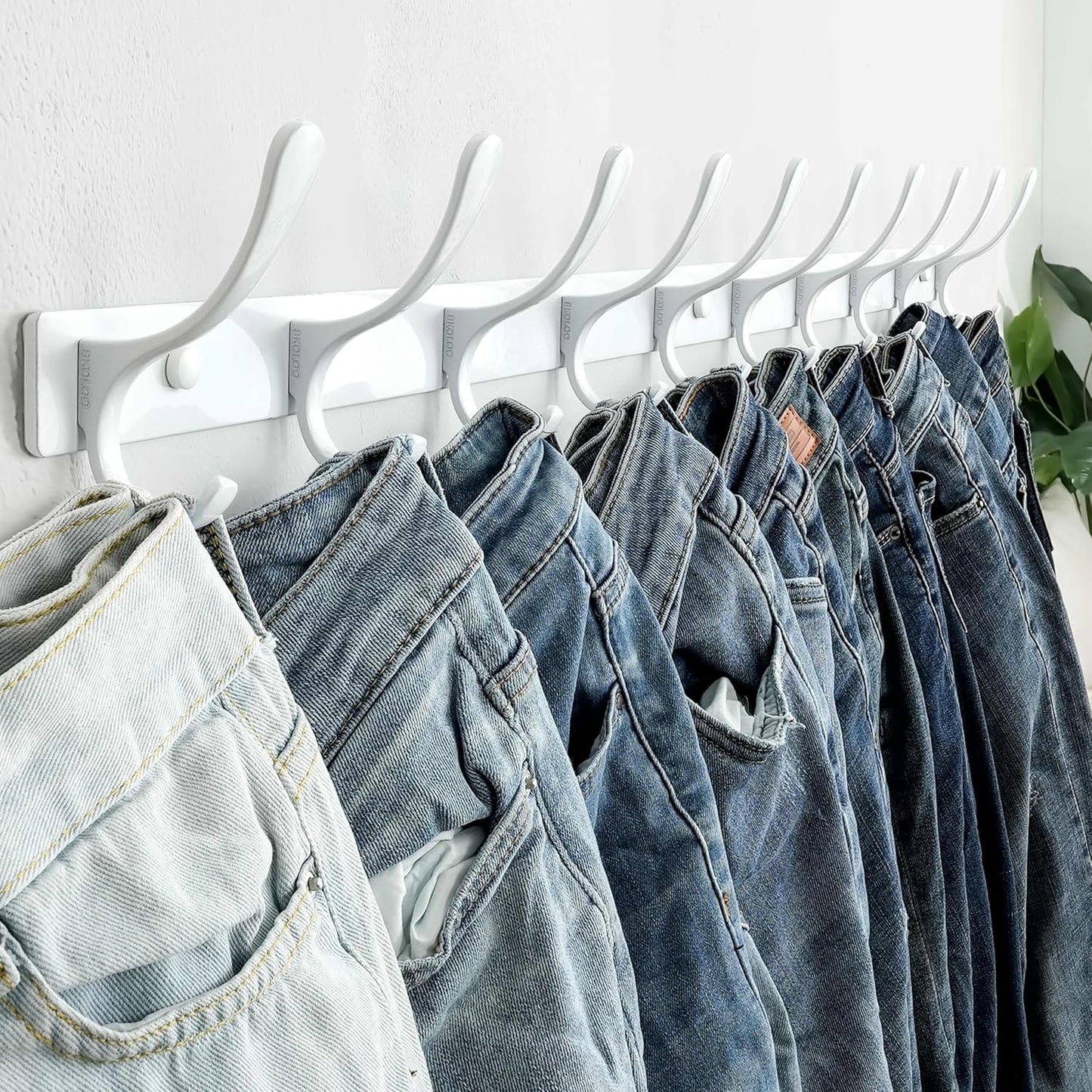 SKOLOO Wall Mounted Coat Rack - 10 Hooks, Heavy Duty, Stainless Steel, Metal Wall Hangers, Sturdy Coat Hooks for Hanging Coats, Jacket, Clothes, Hat, White