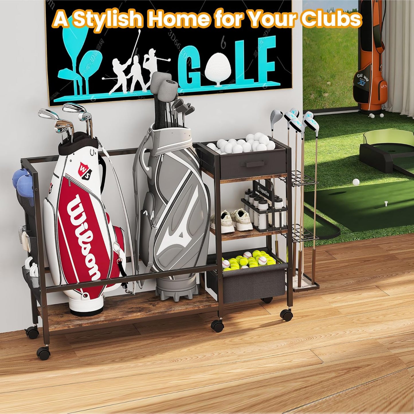 Golf Bag Storage Organizer for Garage, Golf Organizer with Extra Golf Rack and Side Fabric Bag for 20 Golf Clubs & Golf Essentials, Golf Bag Stand for Golf Bag Accessories, Ideal Golf Gifts for Men
