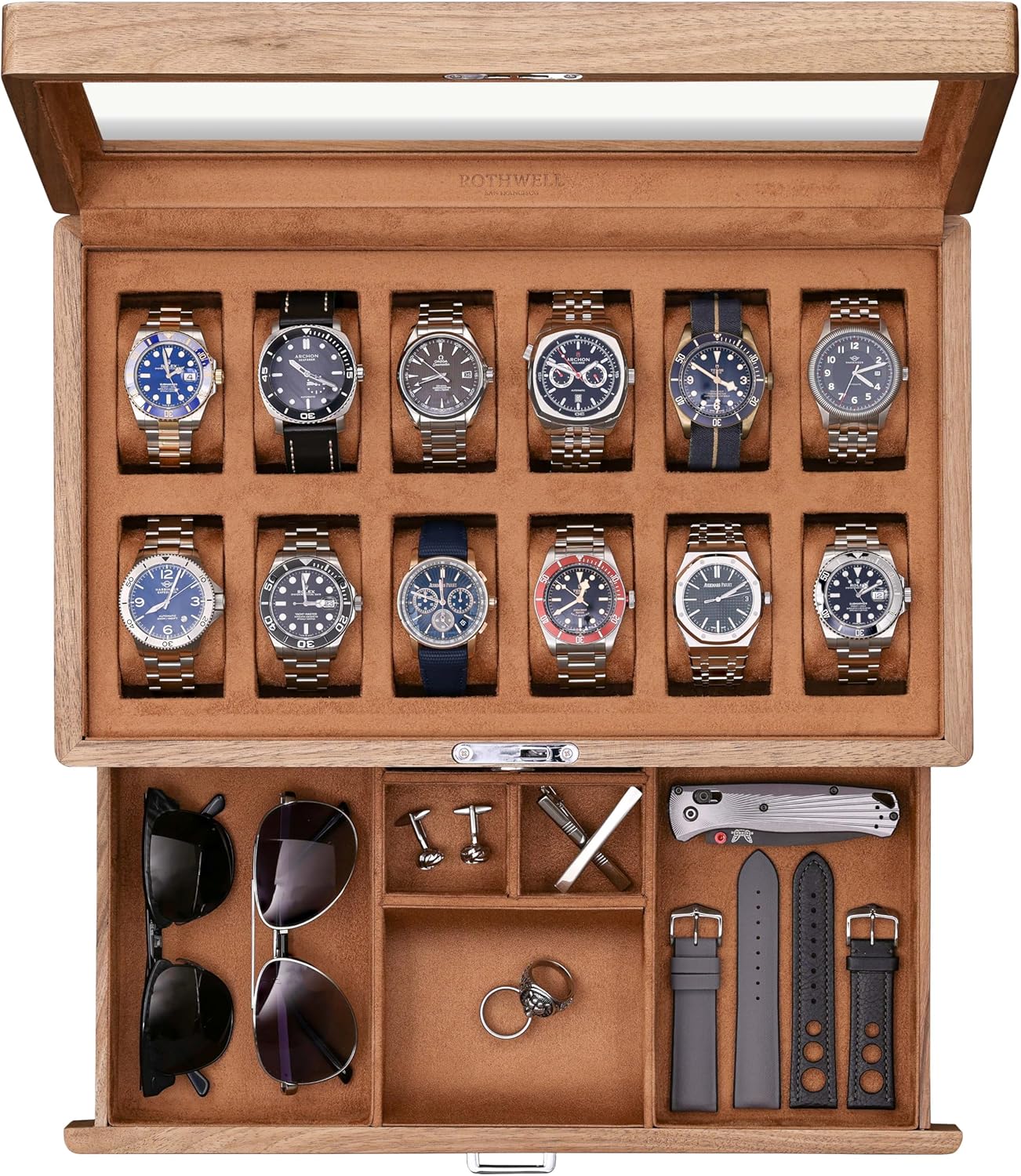 ROTHWELL 12-Slot Solid Walnut Watch Box with Valet Drawer - Premium Jewelry Display Case Organizer with Locking Glass Top and Microsuede Liner for Men & Women (Tan Interior)