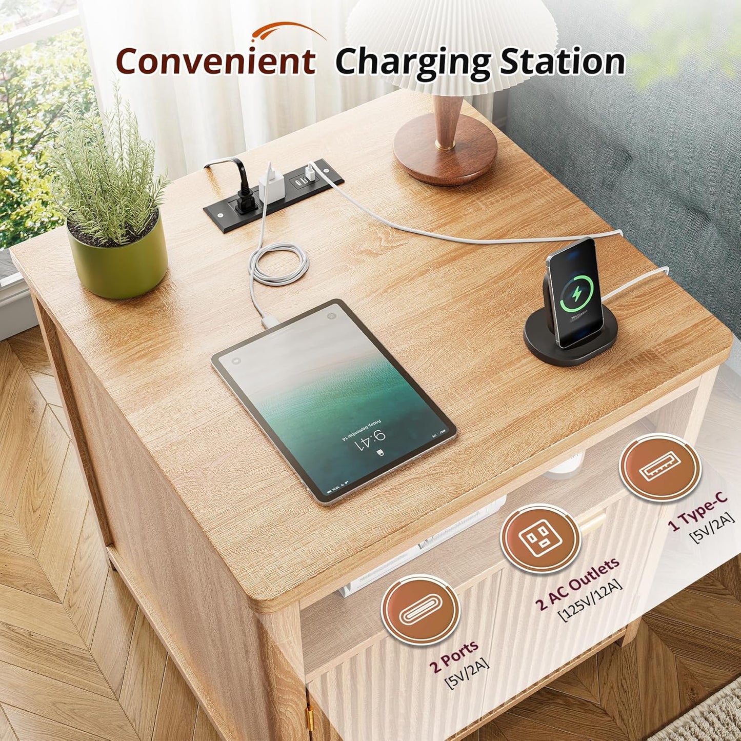 Fluted Nightstand with Charging Stations, 23.6" Wide Natural Oak Nightstand with Storage Drawers, Side Tables, Modern Farmhouse End Tables for Bedroom, Natural Oak