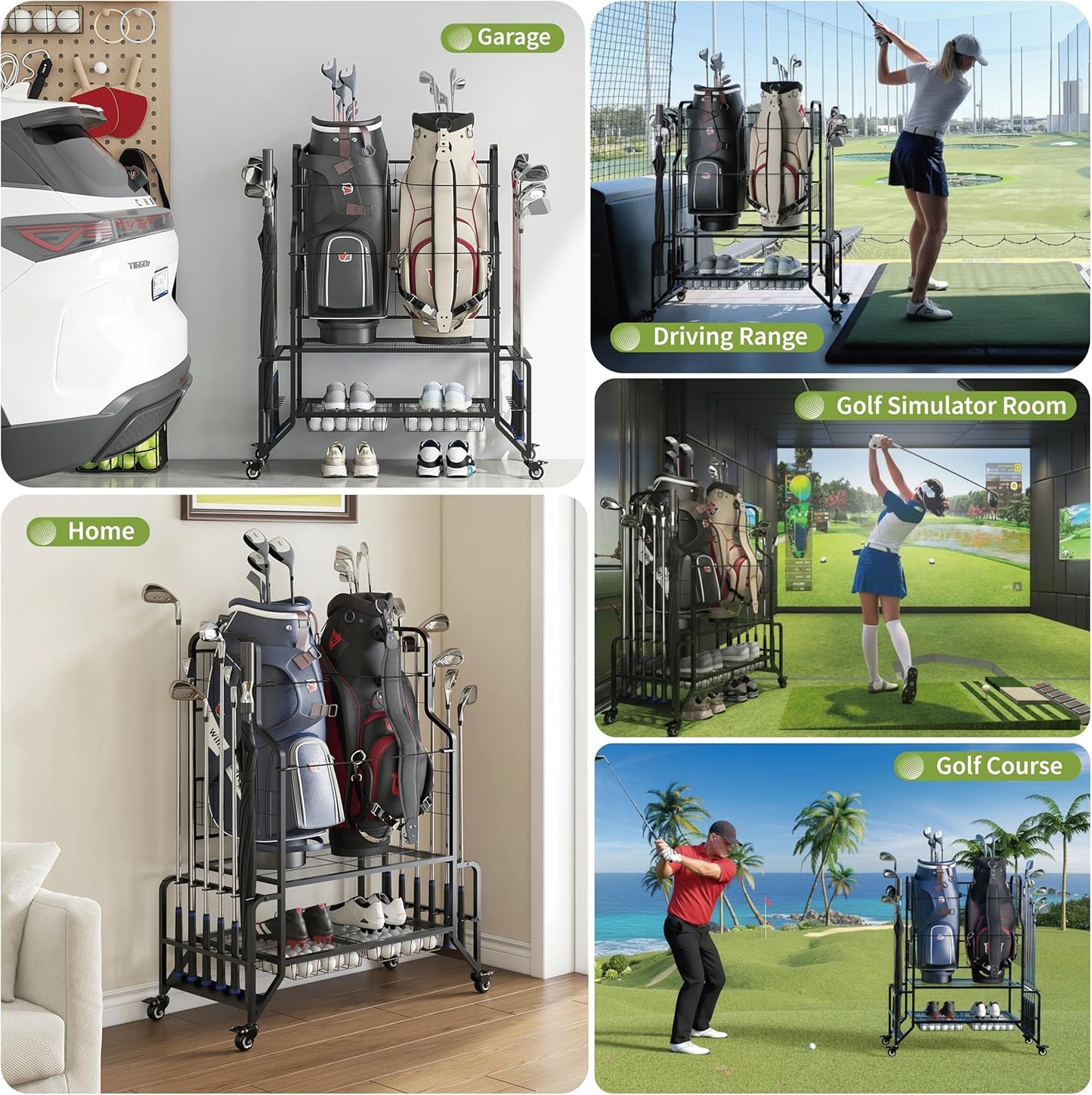 Heavy-Duty Golf Bag Storage Garage Organizer with Wheels - Large Dual Bag Stand & Club Rack with 2 Ball Drawers, Innovative Wave Holder, and Extra Shoe Shelf for Garage & Home