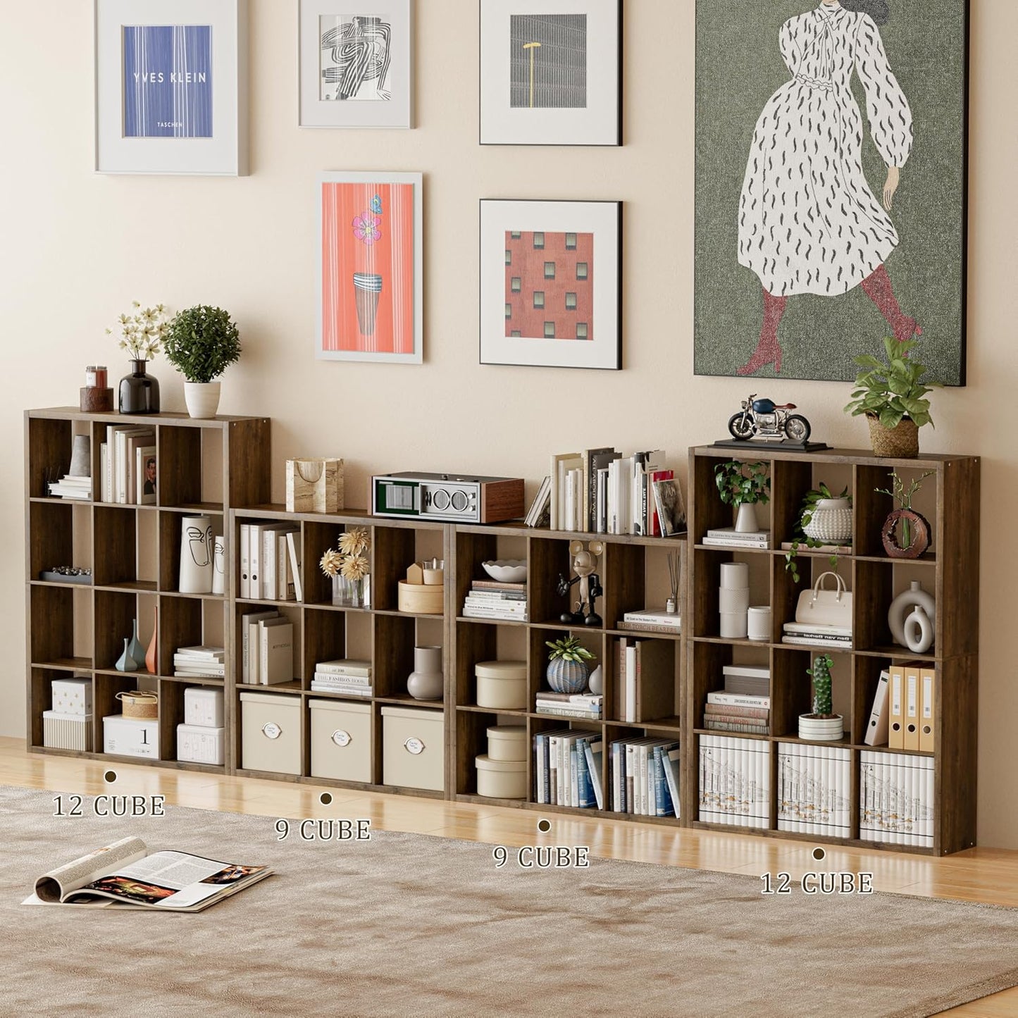 Cube Storage Organizer Bookcase, Decorative 11 inch Open Back Cubical Shelf with Thickened Border, Display Bookshelf for Living Room, Home Office, Sturdy Room (Brown, 9 Cube)