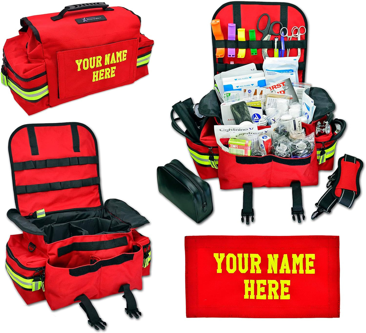 Lightning X Personalized First Responder EMT EMS Trauma Bag w/Stocked First Aid Fill Kit B & Custom Embroidered Name Patch (Red)