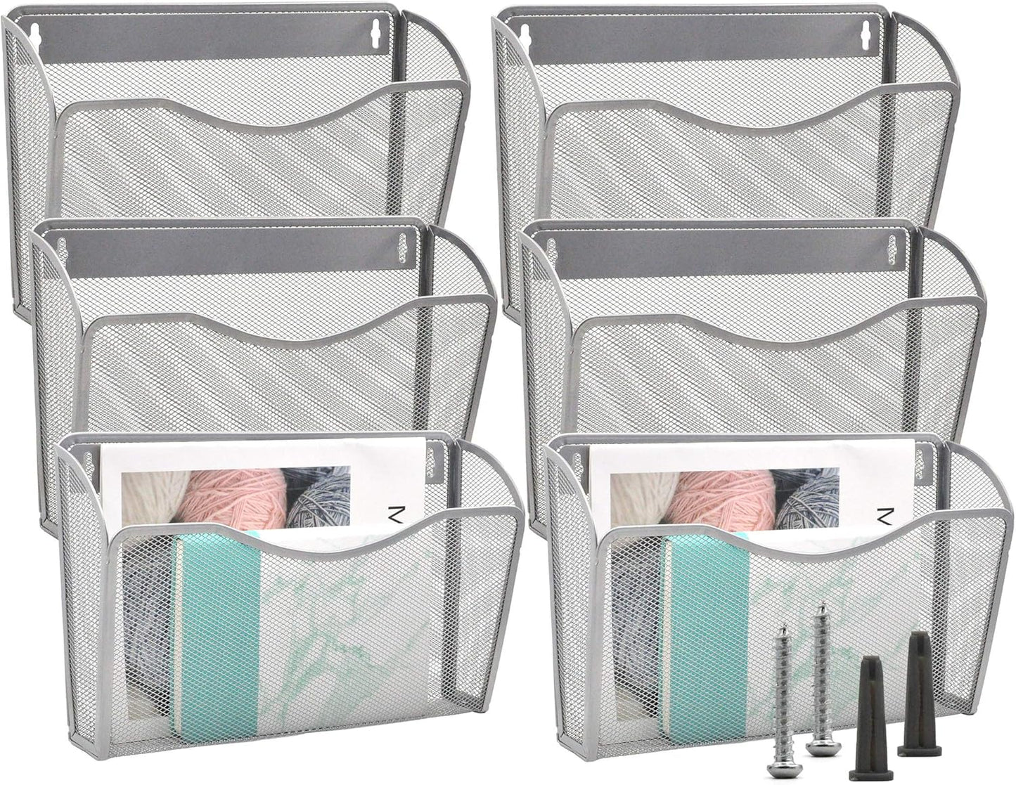 EASEPRES 6 Single Pocket Mesh Hanging File Organizer, Vertical Wall Mounted Magazine File Holder, Mount Basket Mail Paper Document Folder Organizing for Office, Home and School, Silver