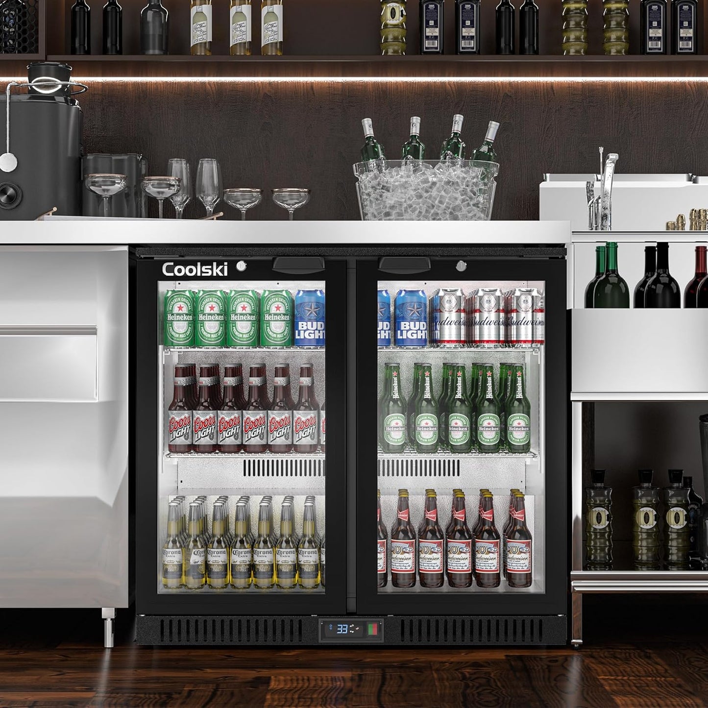 Coolski Back Bar Cooler Commercial Undercounter Refrigerator with 2 Glass Door, Bar Beverage Refrigerator for Beer Soda Wine 7.0 Cu.Ft. Capacity LED Lighting ETL NSF Approved, Black