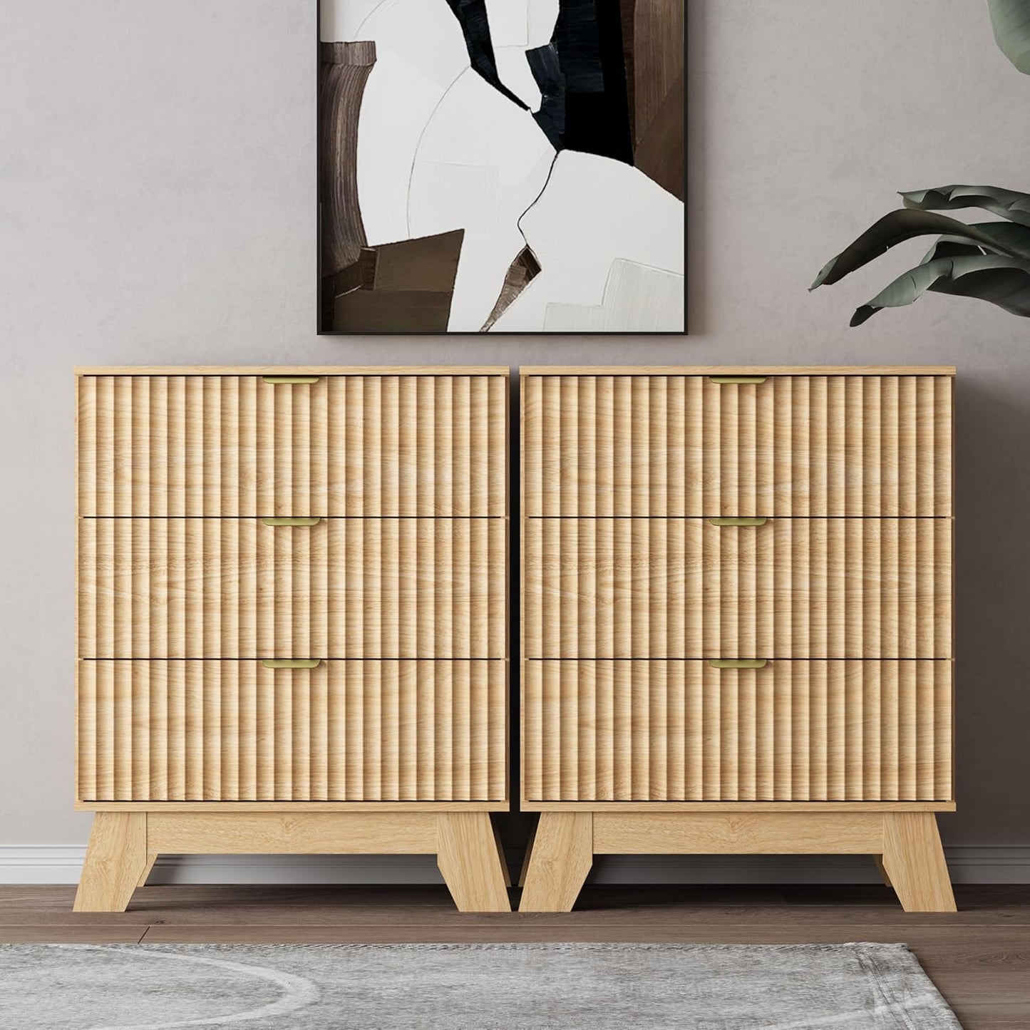 Natural Oak Night Stand with 3 Drawers, Bedside Table & End Table, 24" Wide Mid Century Modern Fluted Wood Nightstand with Metal Handles, Farmhouse Night Stands for Bedroom