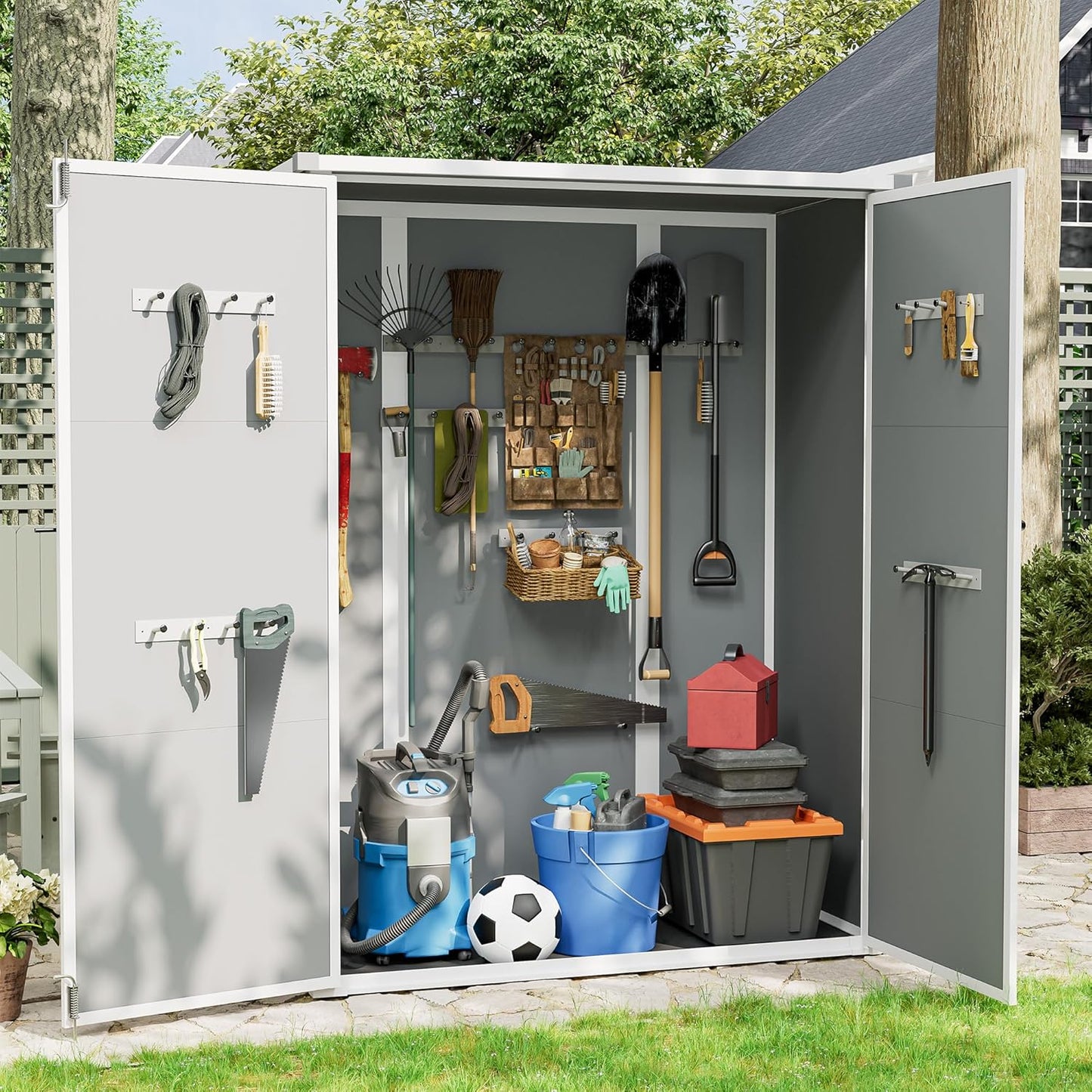 UDPATIO 38 Cu.ft Vertical Storage Shed, 4.3 ft x 5.6 ft Resin Outdoor Shed Waterproof Plastic Storage Cabinet for Garden, Backyard, Lawn, Grey