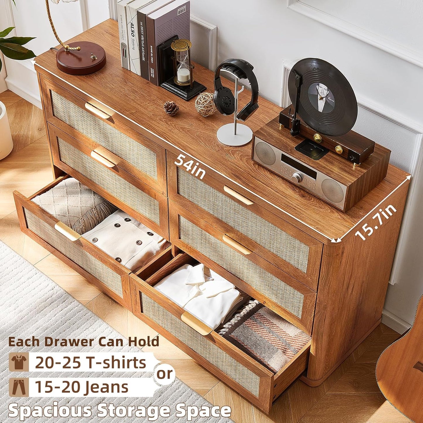 LEYAOYAO Rattan 6 Drawer Dresser for Bedroom, 54" Wide Boho Chest of Drawers, Wooden Dressers TV Stand with Metal Handle, Storage Closet Organizer for Living Room, Hallway, Tea Brown