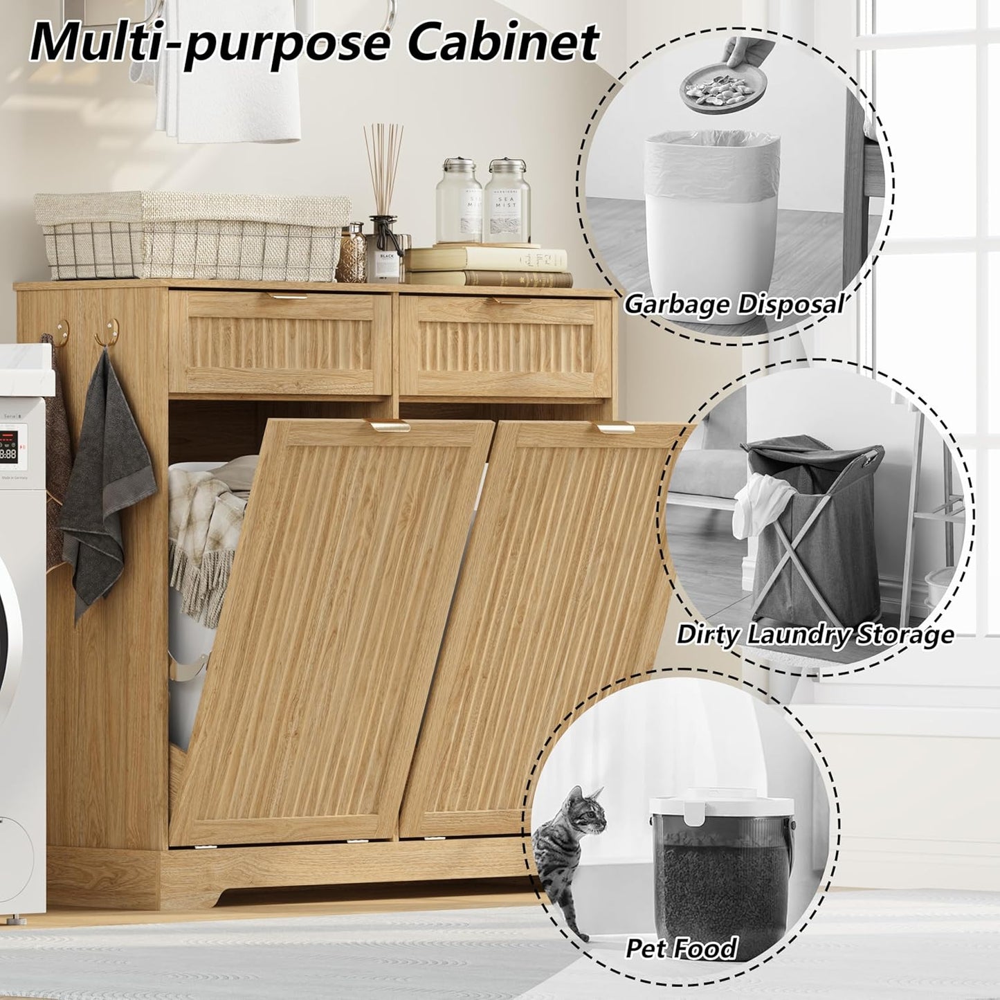 2 x 13 Gallons Double Tilt Out Trash Can Cabinet, Wooden Fluted Trash Garbage Can Cabinet with 2 Drawers, Hidden Laundry Hamper with Hooks for Kitchen Living Room, Natural Oak