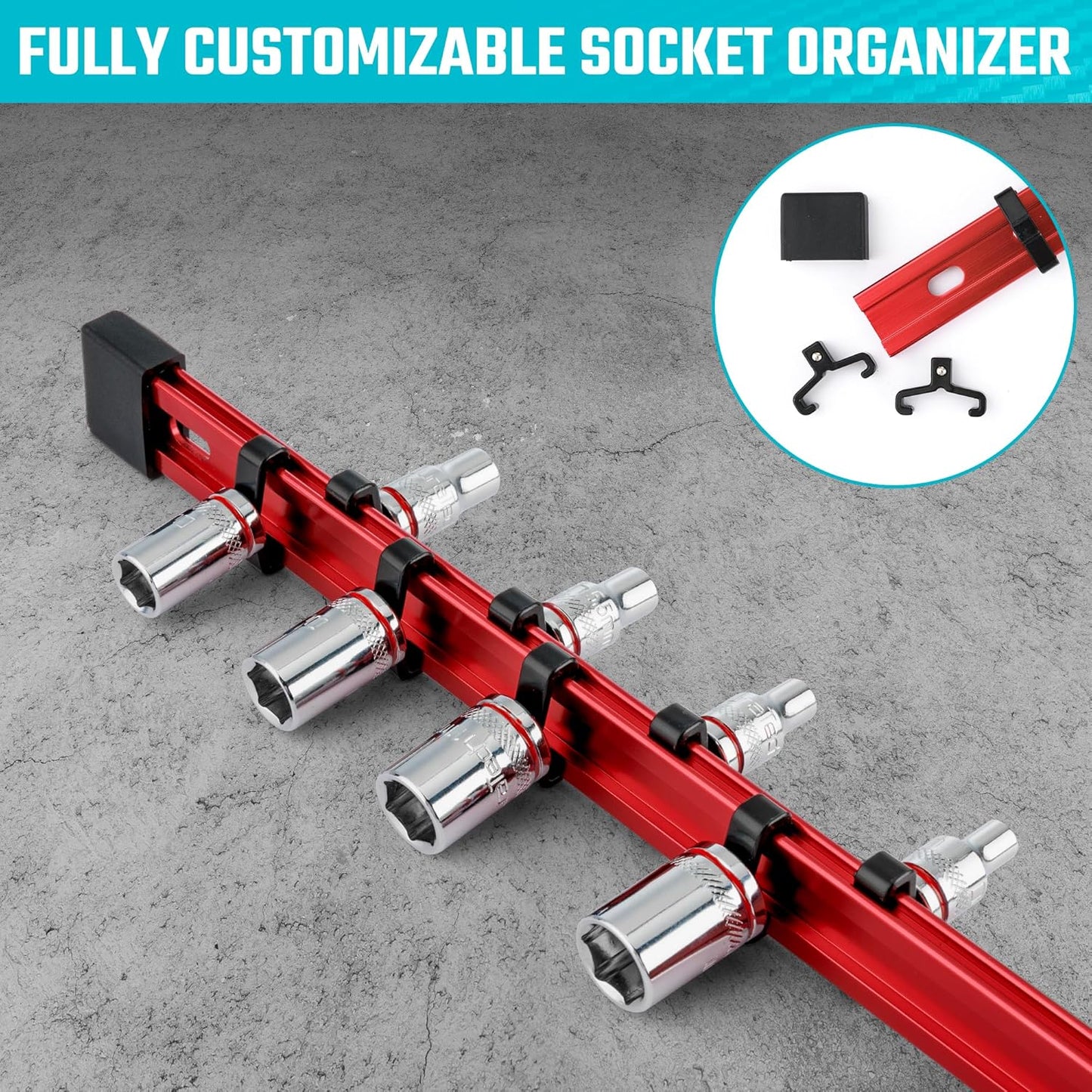 DURATECH Socket Organizer, 1/4-Inch Aluminum Alloy Socket Holder, Heavy Duty Socket Rail Hold 24 Sockets