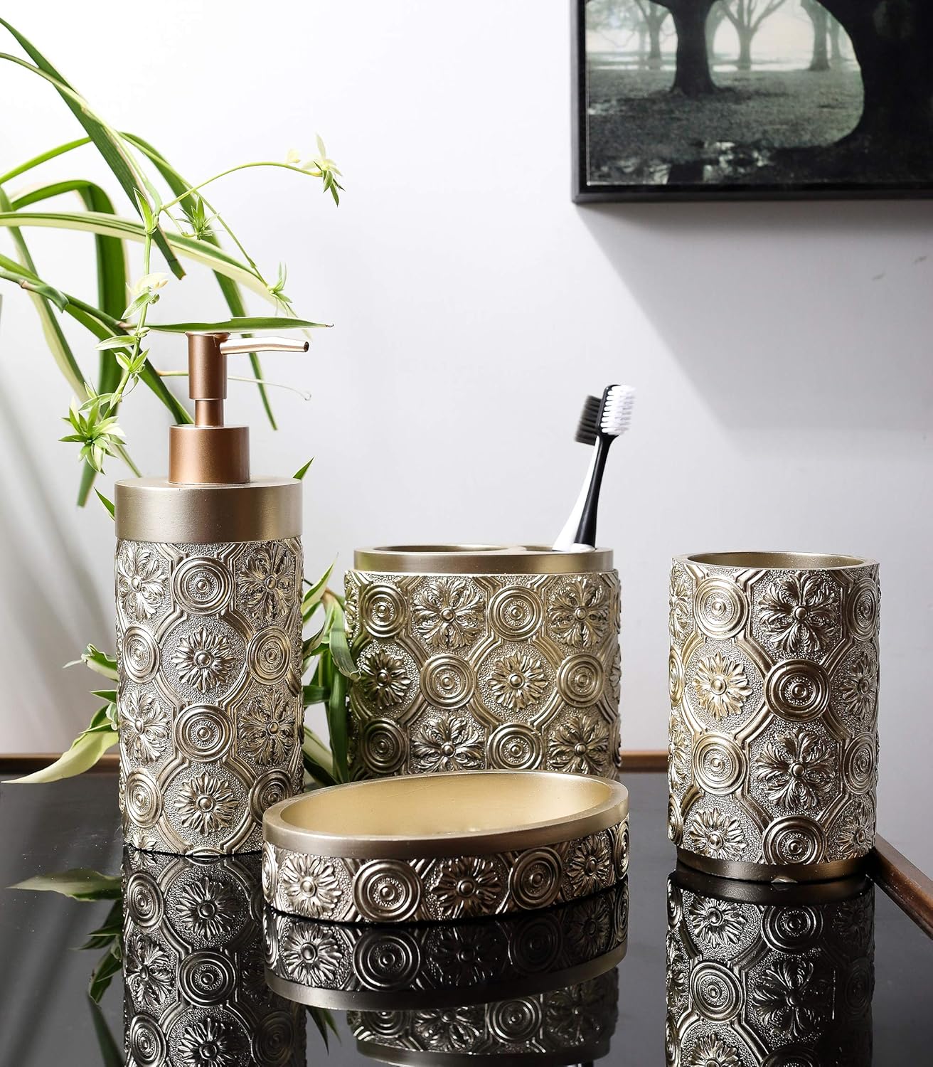 Hymmah Bathroom Accessories Set,Golden Design Toothbrush Holder,Farmhouse Bathroom Decor,4 Pcs Resin Gift Set Apartment Necessities, Contain Toothbrush Cup,Soap Dispenser,Soap Dish,Tumbler