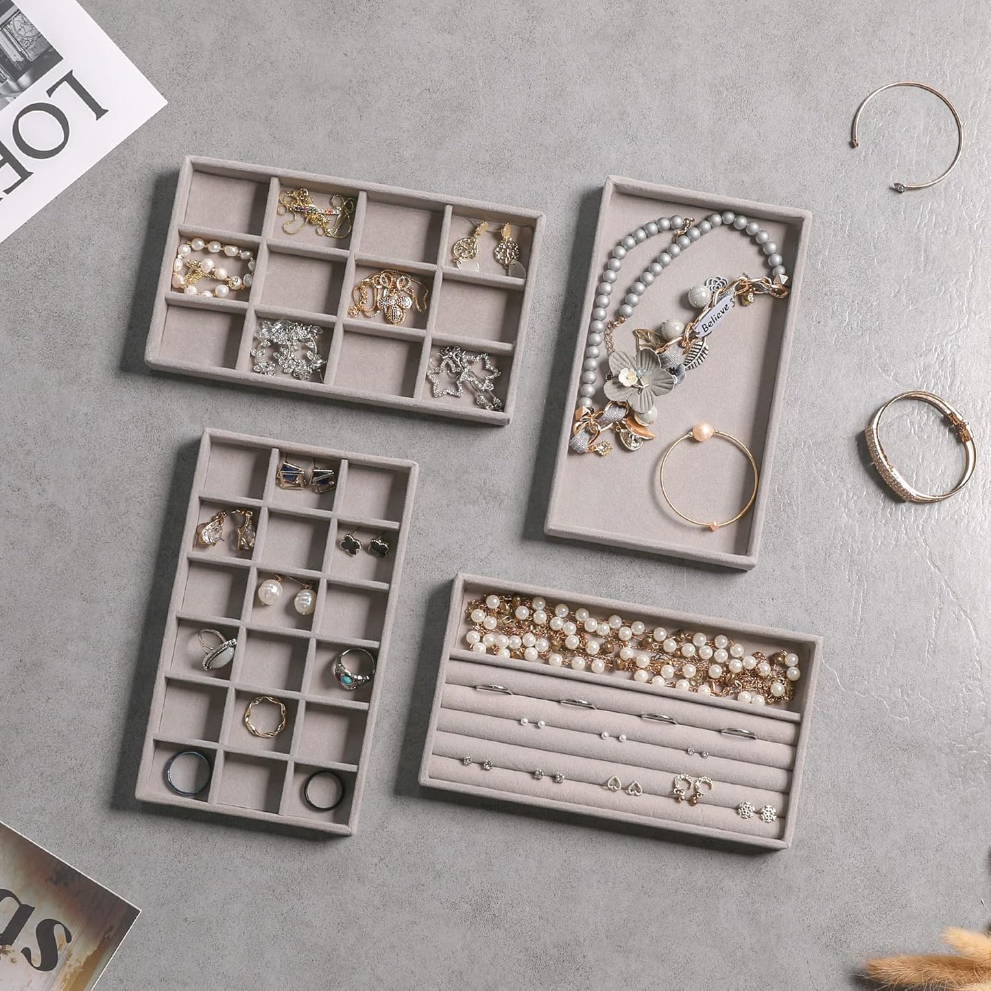 Frebeauty Jewelry Organizer Tray,Stackable Velvet Jewelry Trays,Drawer Inserts Earring Organizer For Women Jewelry Storage Display Case for Rings Stud Necklaces,Set of 4(Grey)