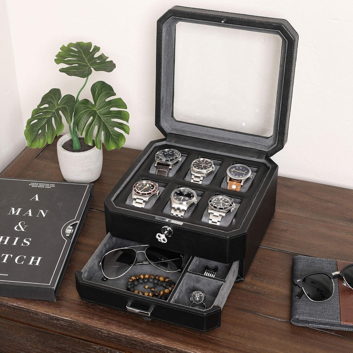 ROTHWELL Gift Set 6 Slot Leather Watch Box and 2 Watch Travel Case - Luxury Case Organizer, Microsuede Liner, Locking Mens Jewelry Watches Holder, Storage Boxes Glass Top (Black/Grey Gift Set)