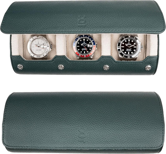 DailyWatch | Watch Roll Travel Case For 2 Watch | Luxury Watch Case In Genuine Leather With Soft Velvet Interior | Watch Case Protect, Store, & Display Your Watches | Dark Green Litchi