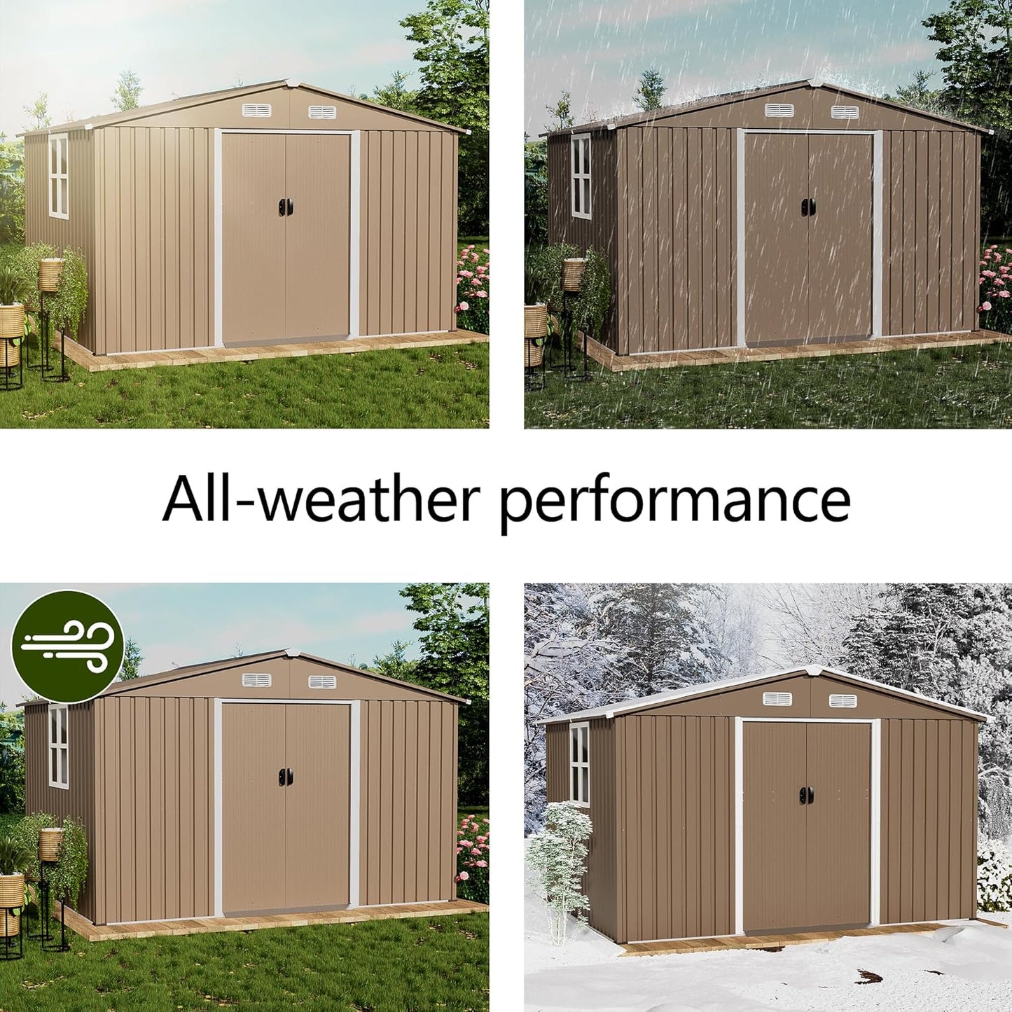 10x8FT Outdoor Storage Shed with Floor & Lockable Sliding Doors,Metal Storage Shed with 1 Air Vents,Waterproof Garden Shed for Backyard,Patio, Lawn,(Brown,Base Included)