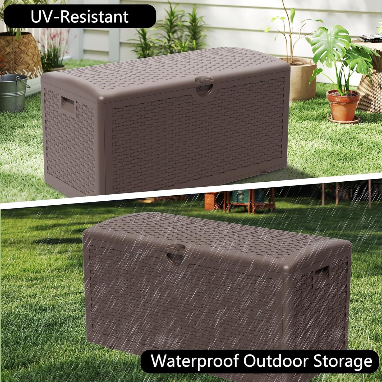 90 Gallon Pro Outdoor Storage Box Waterproof Lockable Resin Deck Box Large, Patio Storage Bin for Pool Accessories Cushion Furniture, Garden Tools, UV-Resistant Outside Delivery Brown