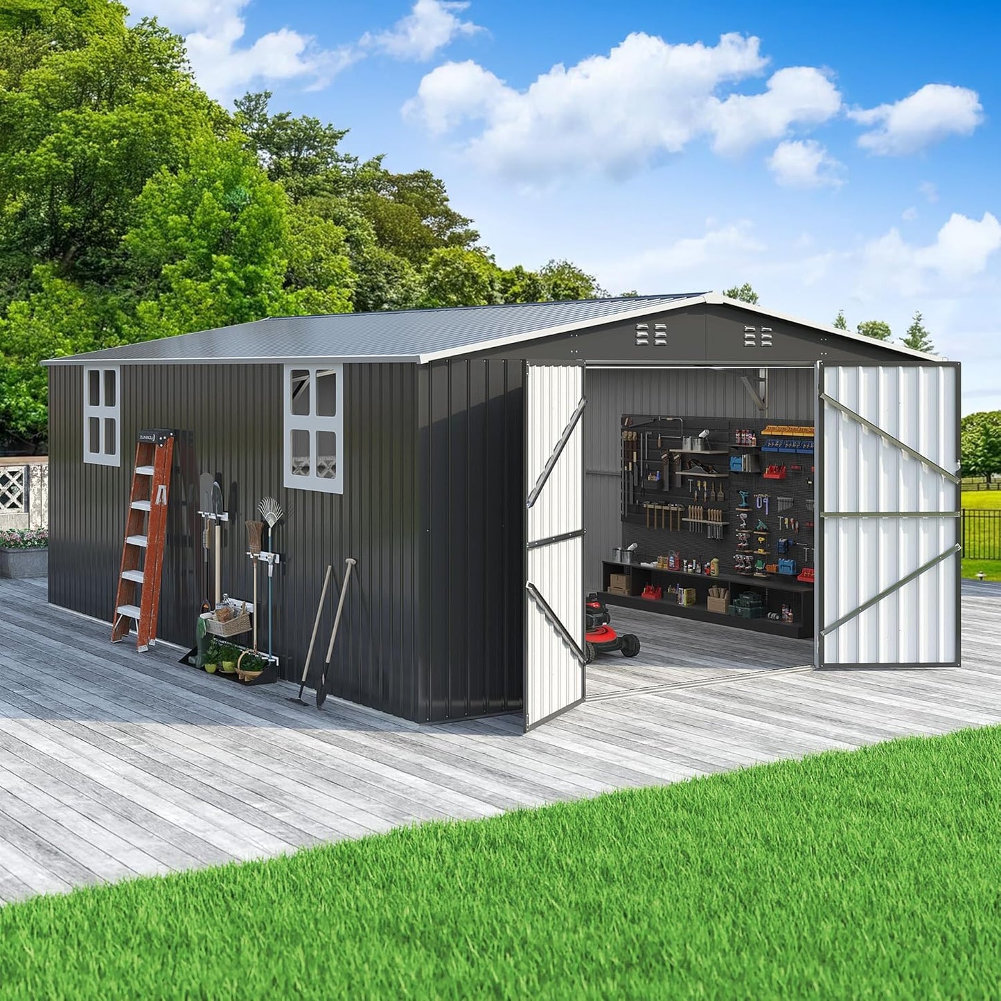 Polar Aurora 12x18 FT Outdoor Storage Shed, Garden Shed with Updated Frame Structure and Lockable Doors, Metal Tool Sheds for Backyard Garden Patio Lawn,Black