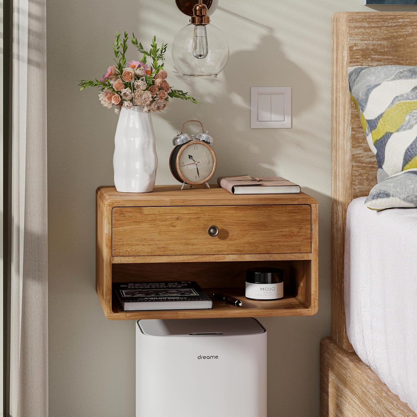 COZAYH Farmhouse Rubber Wood Floating Nightstand with Drawer and Open Shelf, Transitional Wall Mounted Side Table with Open Slot for Bedroom, Fully Assembled (Natural)