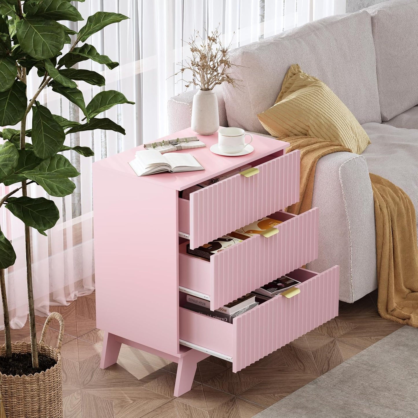 Pink Night Stand with 3 Drawers, Bedside Table & End Table, 24" Wide Mid Century Modern Fluted Wood Nightstand with Metal Handles, Farmhouse Night Stands for Bedroom