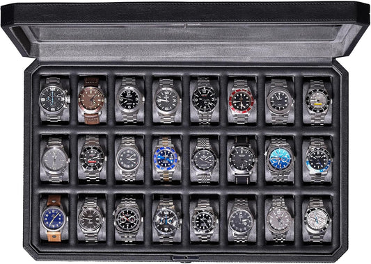 ROTHWELL 24 Slot Watch Case with Lock – Luxury Watch Box to Display and Organize Your Collection | Real Glass Top | Premium Storage for Collectors (Black/Grey)